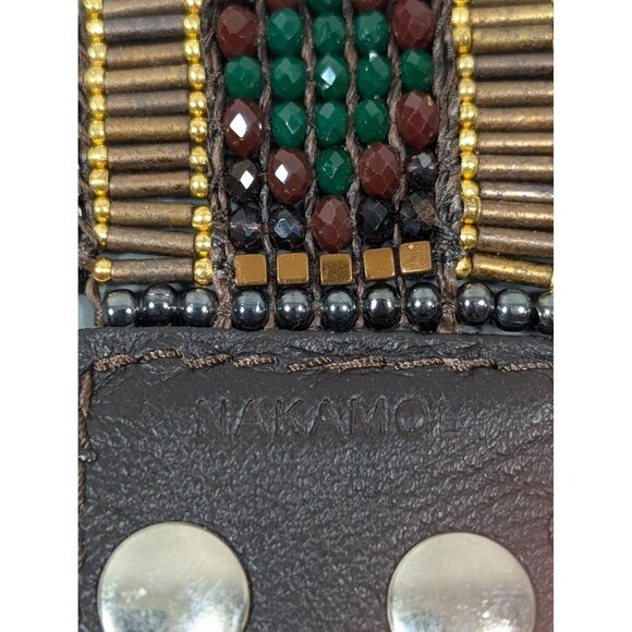 Nakamol Red Green Bead Brown Leather Snap Cuff Wide Bracelet 6.5" - Picture 9 of 9